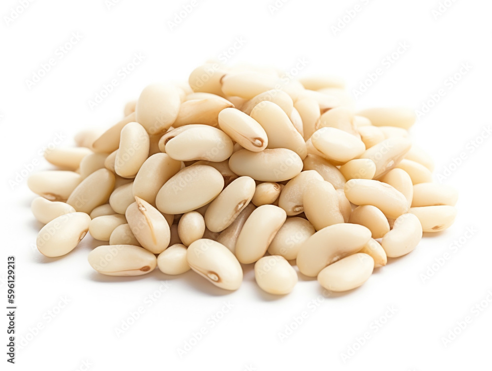 A pile of pine nuts on a white background.