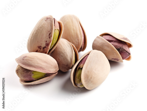 A pile of pistachios on a white background
