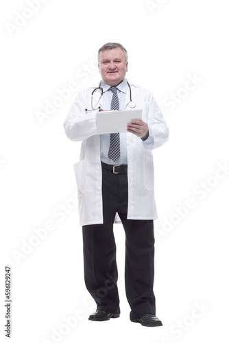 competent doctor with clipboard. isolated on a white background.