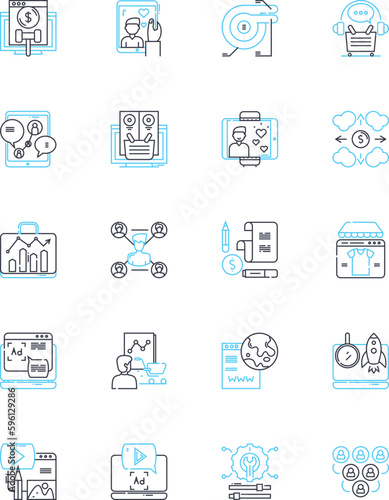 PPC agency linear icons set. Advertising, Analytics, Bid, Click-through-Rate, Conversion, Cost-Per-Click, Dataset line vector and concept signs. Engagement,Google Ads,Keyword outline illustrations