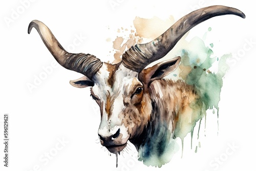Isolated watercolor image of a horned mel on a white background. Generative AI photo