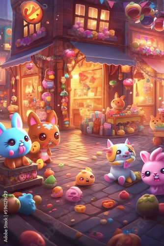 adorable and cute Creative Cartoon Fantasy and adorable and cute character Artistic and Playful Designs in a Colorful Village - Generative AI