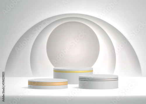 Stage podium scene for award ceremony on white circles background realistic 3D vector illustration
