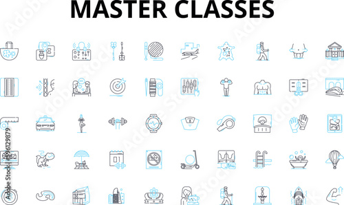 Master Classes linear icons set. Insider, Experts, Coach, Mentor, Specialist, Authority, Instructor vector symbols and line concept signs. Guru,Professional,Trainer illustration