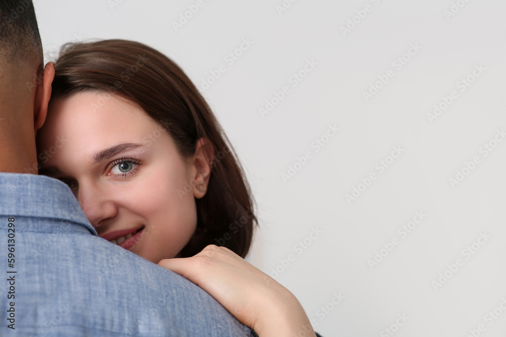 Dating agency. Woman with her boyfriend on white background, space for text Dating agency. Woman with her boyfriend on white background, space for text