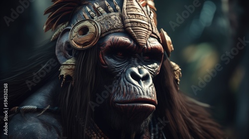 powerful gorilla dressed in indian chief head accessory, digital art illustration, Generative AI