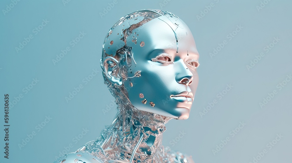Cyborg with glossy metallic skin on a pastel colored background. Futuristic robot artificial intelligence concept. Dreamy colorful creative vibe aesthetics. Generative AI.