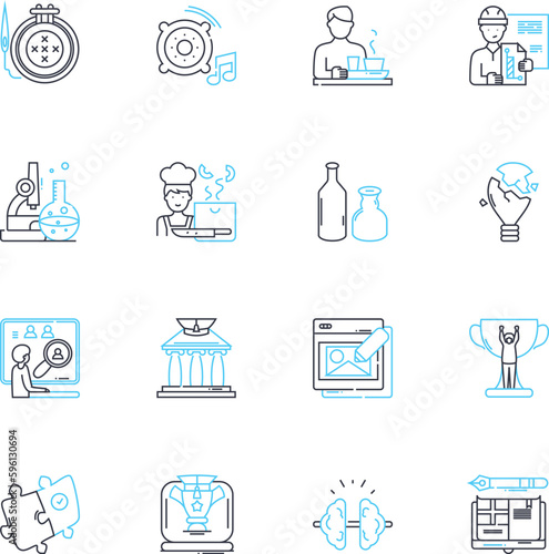 Knowledge building linear icons set. Collaboration, Research, Learning, Discovery, Exploration, Innovation, Problem-solving line vector and concept signs. Analysis,Synthesis,Inquiry outline