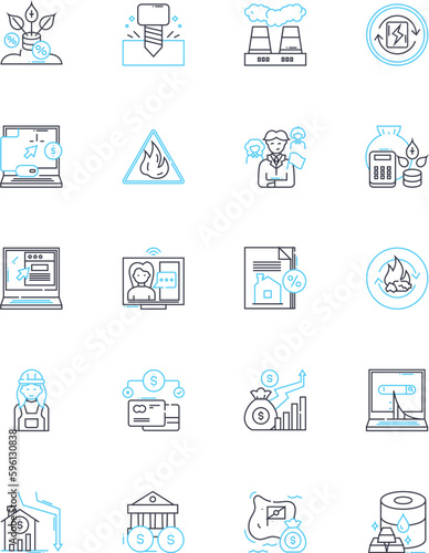 Fiscal dilemma linear icons set. Budget, Debt, Deficit, Taxes, Inflation, Spending, Revenue line vector and concept signs. Economic,Cuts,Austerity outline illustrations