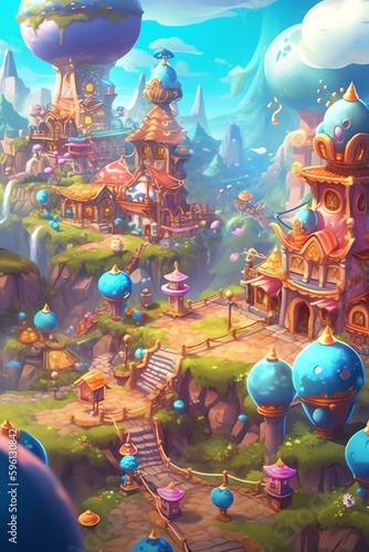 Beautiful Brilliance  Colorful Plants and Playful Characters in a Fantasy Village - Generative AI 