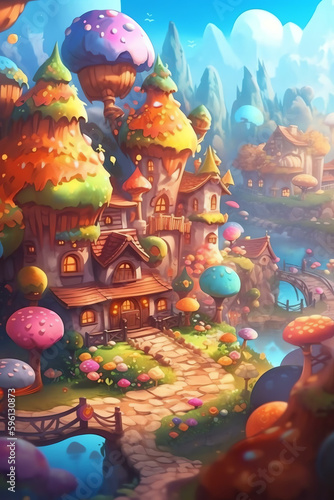 Beautiful Brilliance: Colorful Plants and Playful Characters in a Fantasy Village - Generative AI 