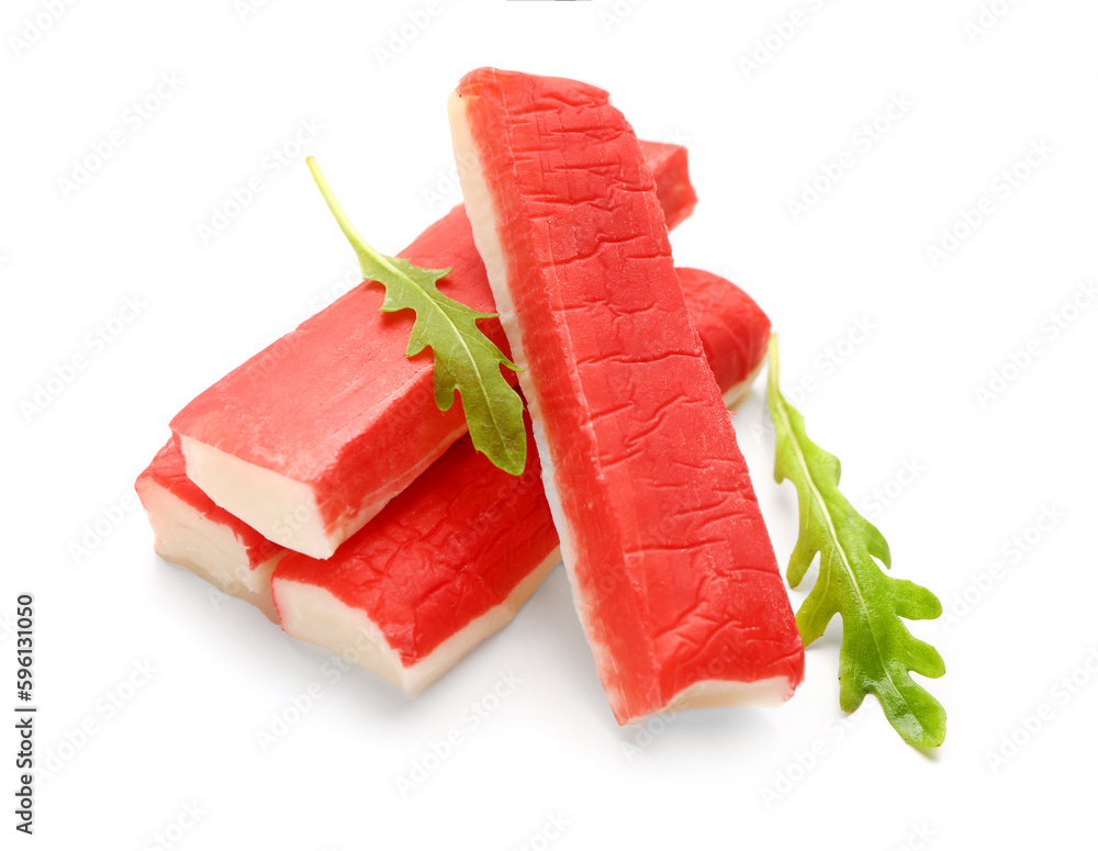 Tasty crab sticks isolated on white background Tasty crab sticks isolated on white background