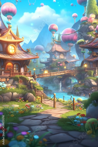 Playful Designs: Blurred Elements and Vibrant Colors in a Fantasy Village - Generative AI 