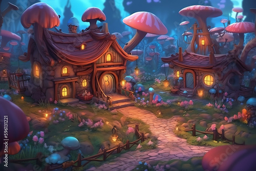 Playful Designs: Blurred Elements and Vibrant Colors in a Fantasy Village - Generative AI 