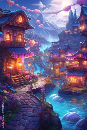 Playful Designs: Blurred Elements and Vibrant Colors in a Fantasy Village - Generative AI  © arlila