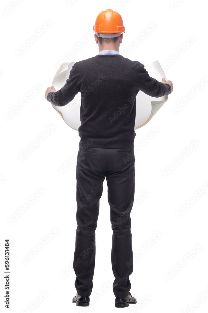 back view of handsome business man in orange builder's helmet back view of handsome business man in orange builder's helmet