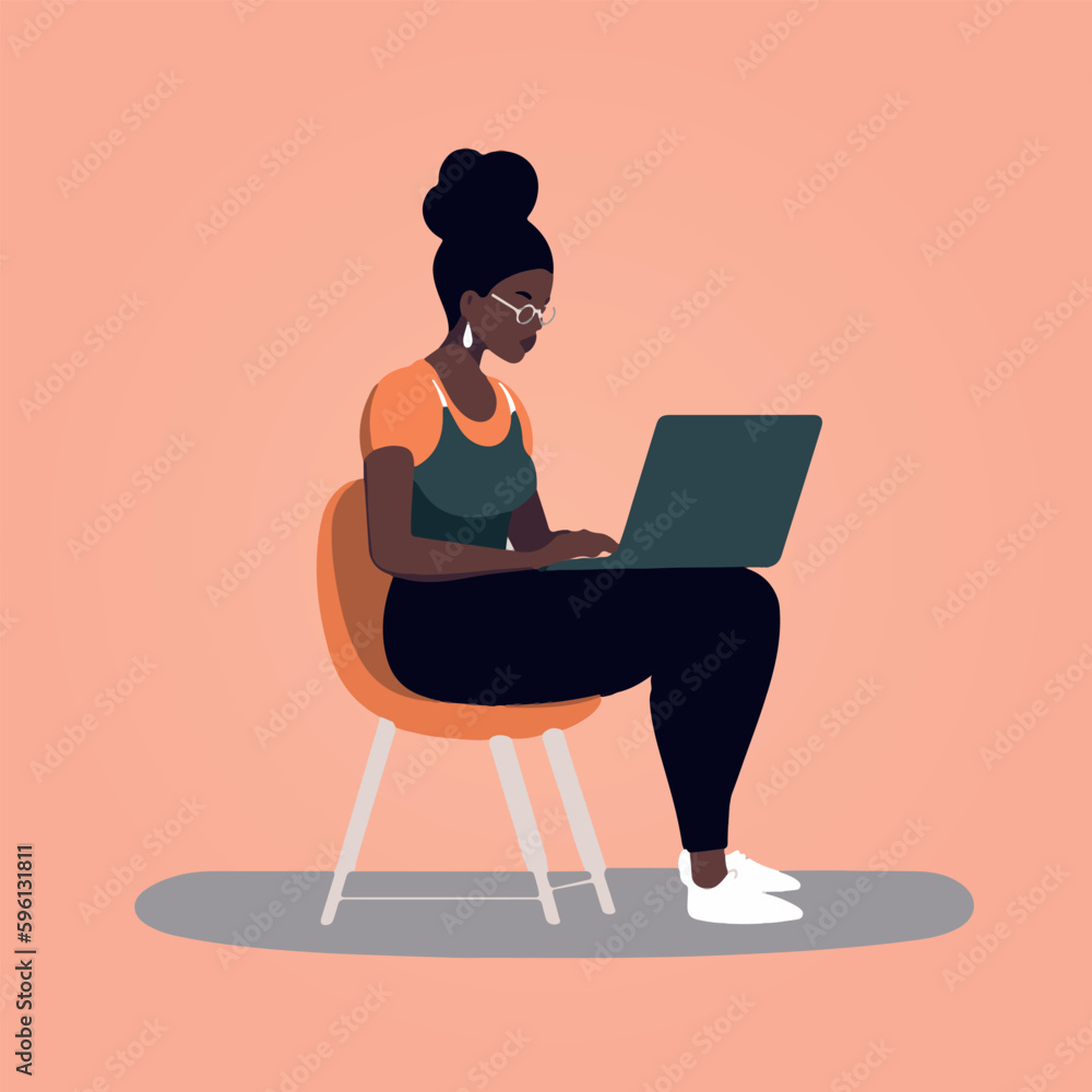 vector illustration, woman working on laptop.