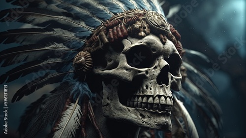 skull head wearing indian chief accessories, digital art illustration, Generative AI © Artcuboy