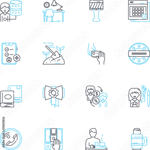 Workplace linear icons set. Office, Cubicle, Colleagues, Collaboration, Productivity, Desk, Breakroom line vector and concept signs. Zoom,Meeting,Commute outline illustrations