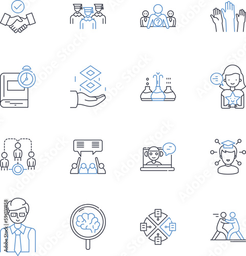 Problem-solving and decision-making line icons collection. Analyzing, Prioritizing, Innovating, Collaborating, Evaluating, Researching, Strategizing vector and linear illustration. Dissecting