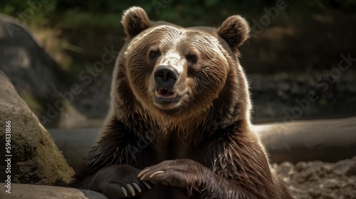 Brown bear with smile and paws ready. AI generated