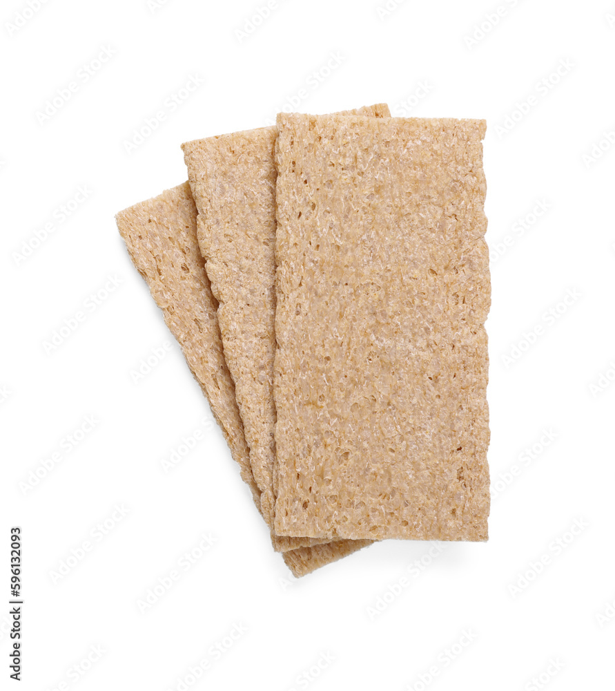Fresh crunchy rye crispbreads on white background, top view. Space for text Fresh crunchy rye crispbreads on white background, top view. Space for text