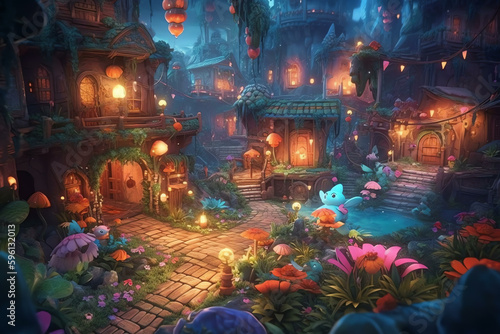 Oasis of Whimsy: Illuminated and Unique Fantasy Village with Delightful Charm - Generative AI  © arlila