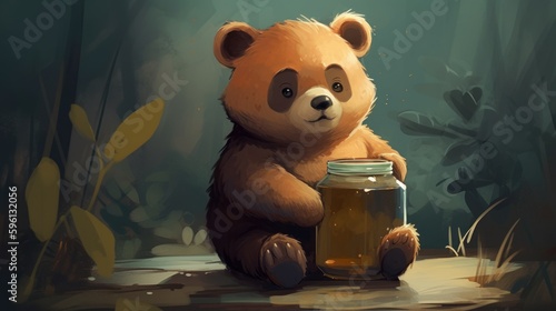 Chubby little bear with jar of honey. Cute animals, AI generated