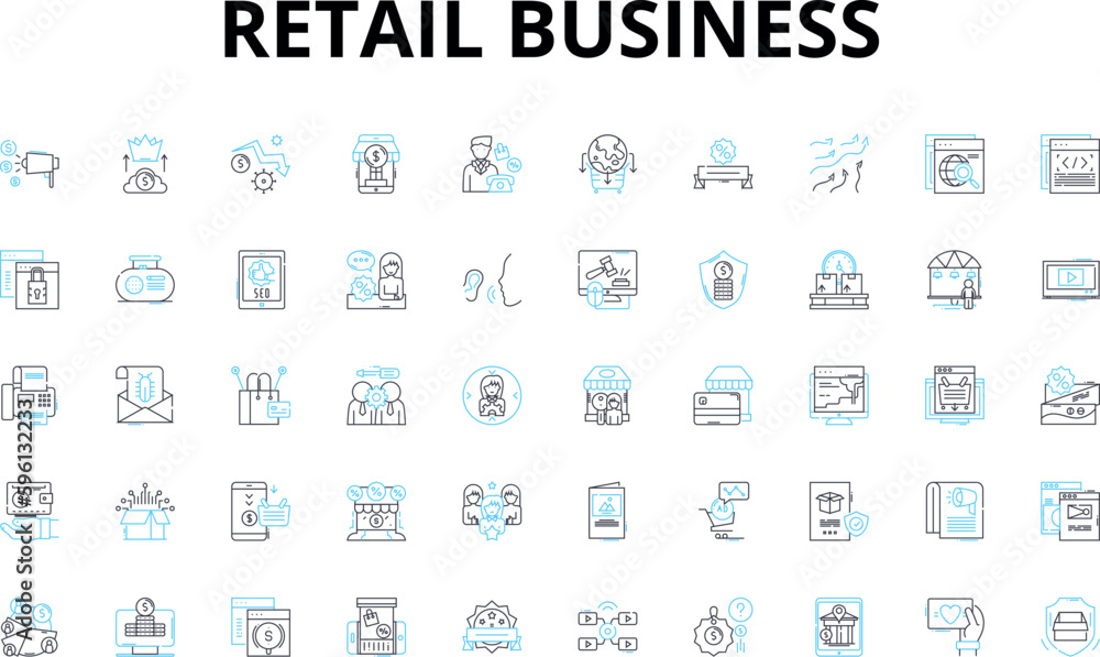 Retail business linear icons set. Inventory, Sales, Customer, Marketing, E-commerce, Loyalty, Advertising vector symbols and line concept signs. Display,Merchandise,Promotion illustration