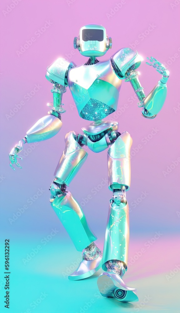 Cyborg with glossy metallic skin on a pastel colored background. Full body futuristic robot artificial intelligence concept. Dreamy colorful creative vibe aesthetics. Generative AI.