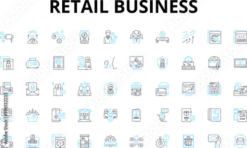 Retail business linear icons set. Inventory, Sales, Customer, Marketing, E-commerce, Loyalty, Advertising vector symbols and line concept signs. Display,Merchandise,Promotion illustration