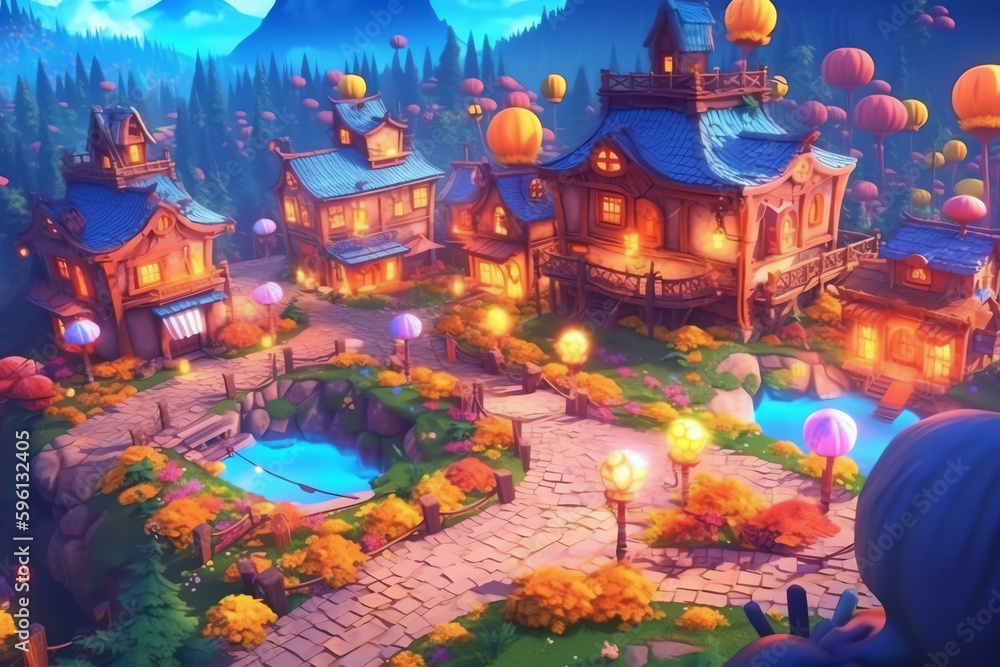 Enchanting Lighting and Whimsical Designs in a Light Bronze Fantasy Village - Generative AI
