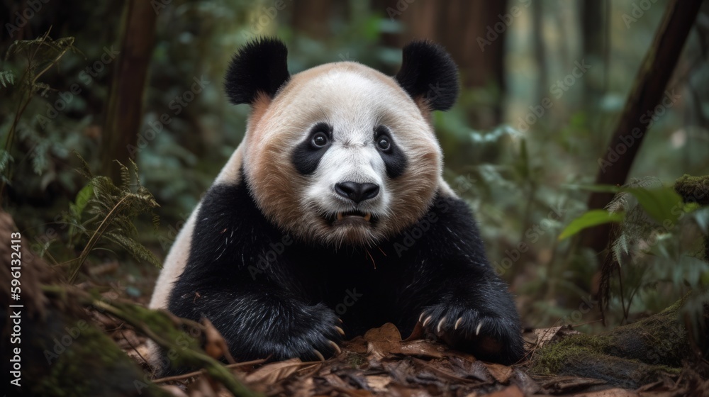 Fototapeta premium Chubby little panda bear with bamboo. AI generated