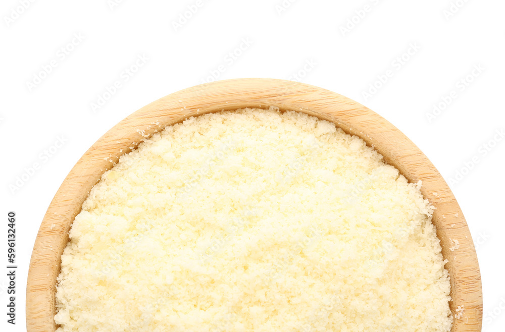 Bowl with tasty grated Parmesan cheese on white background, closeup Bowl with tasty grated Parmesan cheese on white background, closeup