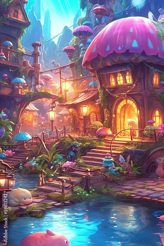 Enchanting Lighting and Whimsical Designs in a Light Bronze Fantasy Village - Generative AI 