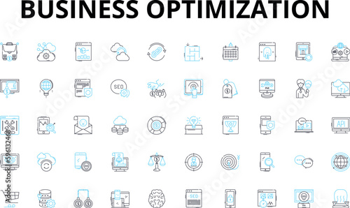 Business optimization linear icons set. Efficiency, Productivity, Profitability, Streamlining, Automation, Innovation, Scaling vector symbols and line concept signs. Analytics,Strategy,Lean