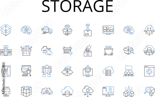 Storage line icons collection. Preservation, Safekeeping, Hoarding, Storing, Stockpiling, Collecting, Retaining vector and linear illustration. Holding,Gathering,Accumulating outline signs set