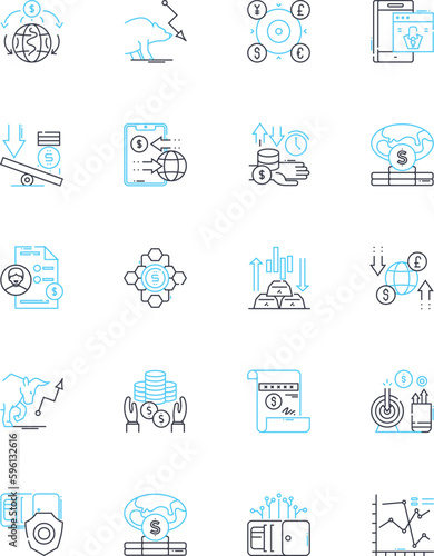 Currency assistance linear icons set. Exchange, Conversion, Remittance, Transfer, Transaction, Overseas, Foreign line vector and concept signs. My,Banking,ATMs outline illustrations