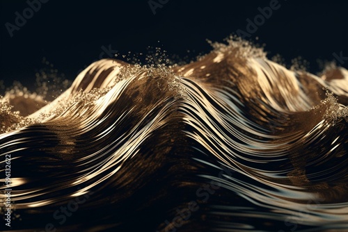 Golden undulating waves in a beautiful abstract 3D rendering. Generative AI