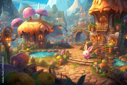 Candy-Coated Wonderland  A Fantasy Village with Colorful Buildings and Plants - Generative AI 