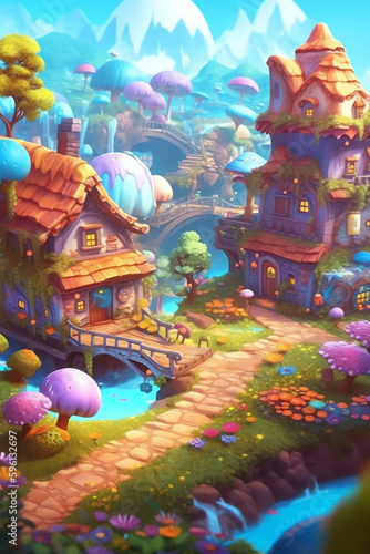 Candy-Coated Wonderland: A Fantasy Village with Colorful Buildings and Plants - Generative AI 