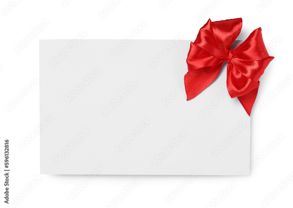 Blank gift card with red bow isolated on white, top view Blank gift card with red bow isolated on white, top view