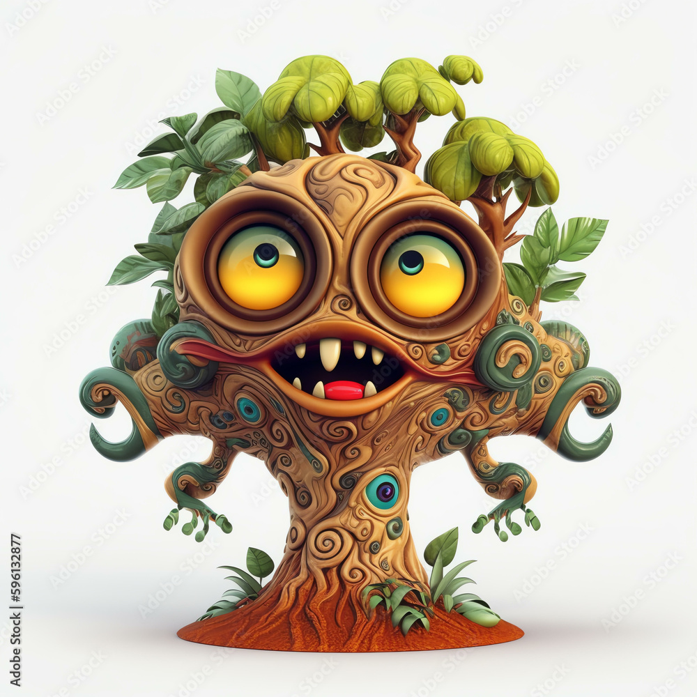 Whimsical 3D Illustration of a Cartoon Monster Tree with Expressive Eyes Generative ai Whimsical 3D Illustration of a Cartoon Monster Tree with Expressive Eyes Generative ai