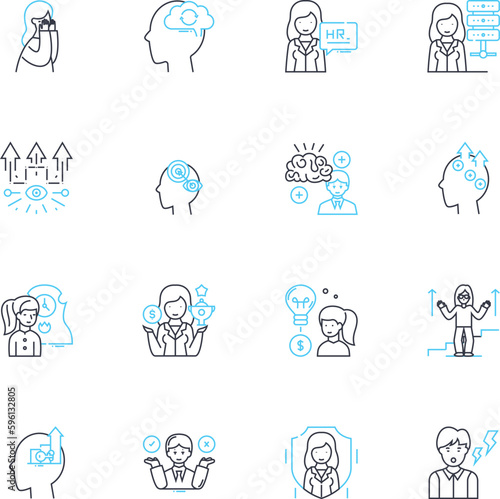 Behavioral Therapy linear icons set. Approach, Change, Cognition, Commitment, Control, Coping, Exposure line vector and concept signs. Feedback,Focus,Goals outline illustrations