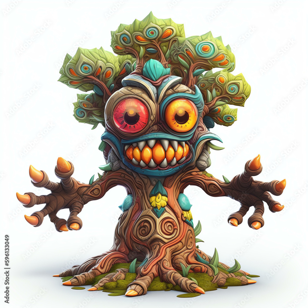 Cartoon 3D Polychrome Sculpture of a Cartoon Monster Tree with Many Eyes and Generative AI



