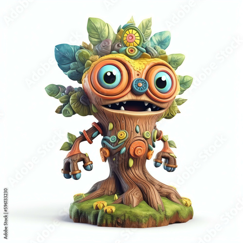 Cartoon 3D Polychrome Sculpture of a Cartoon Monster Tree with Many Eyes and Generative AI