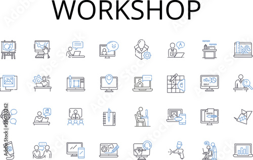 Workshop line icons collection. Conference, Seminar, Meeting, Symposium, Summit, Gathering, Forum vector and linear illustration. Convention,Session,Clinic outline signs set