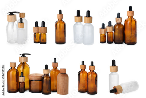 Collage with different bottles isolated on white