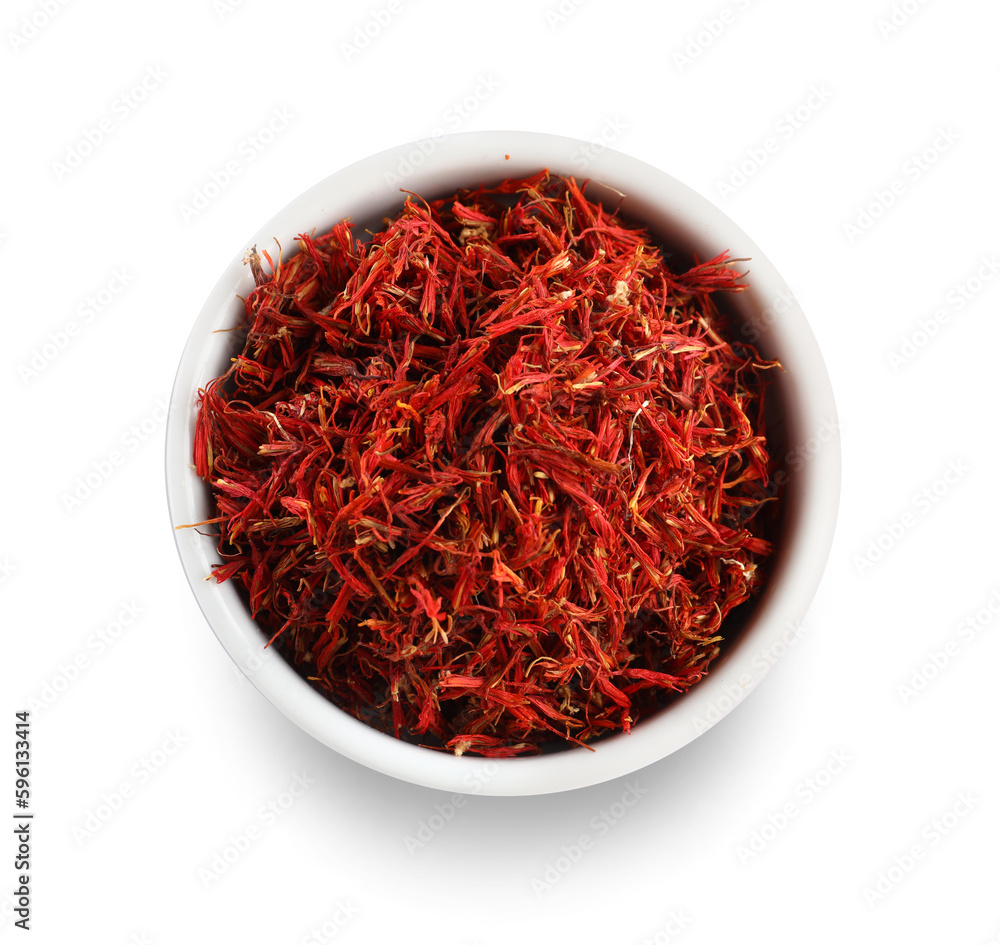 Bowl with Pile of saffron on white background Bowl with Pile of saffron on white background