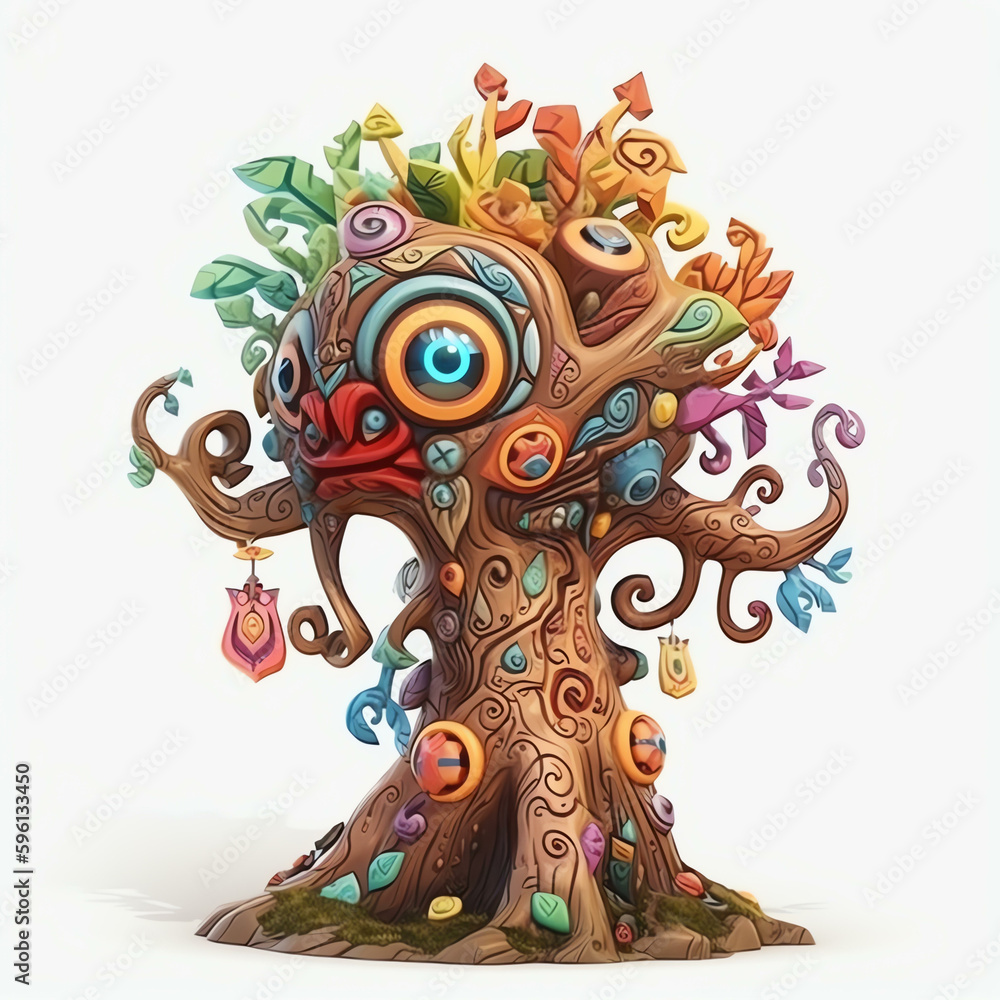 Cartoon 3D Expressive Character Design of a Polychrome Monster Tree using Generative AI
